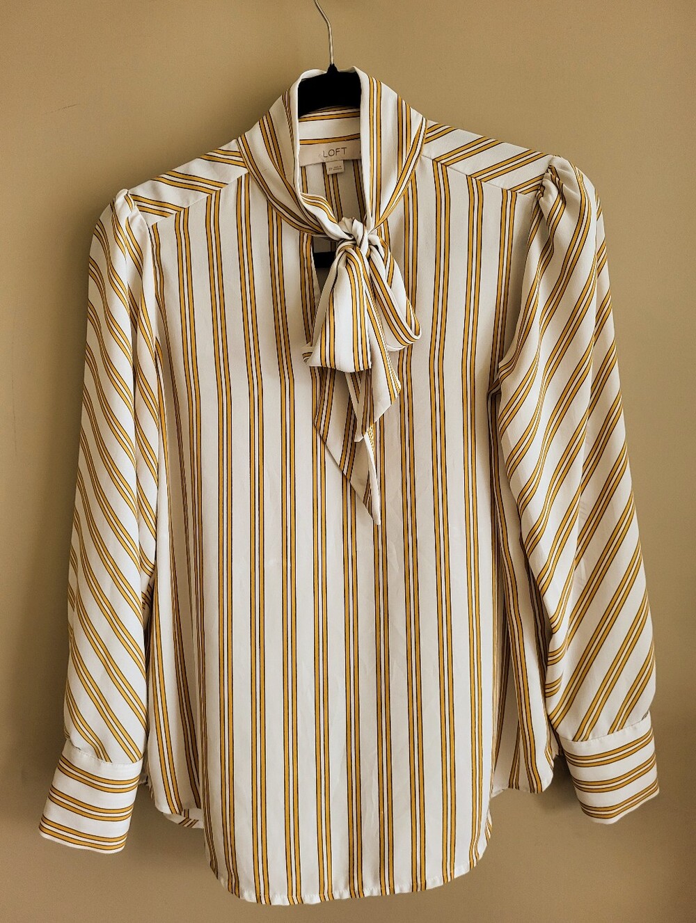 LOFT Petites Striped Tie Neck Blouse SP Mustard Black White Statement Cuffs